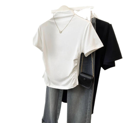Damen T-Shirt Stehkragen Rüschendetail Figurbetont