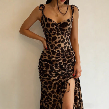 Damen Maxikleid Leopardenmuster Seitenschlitz