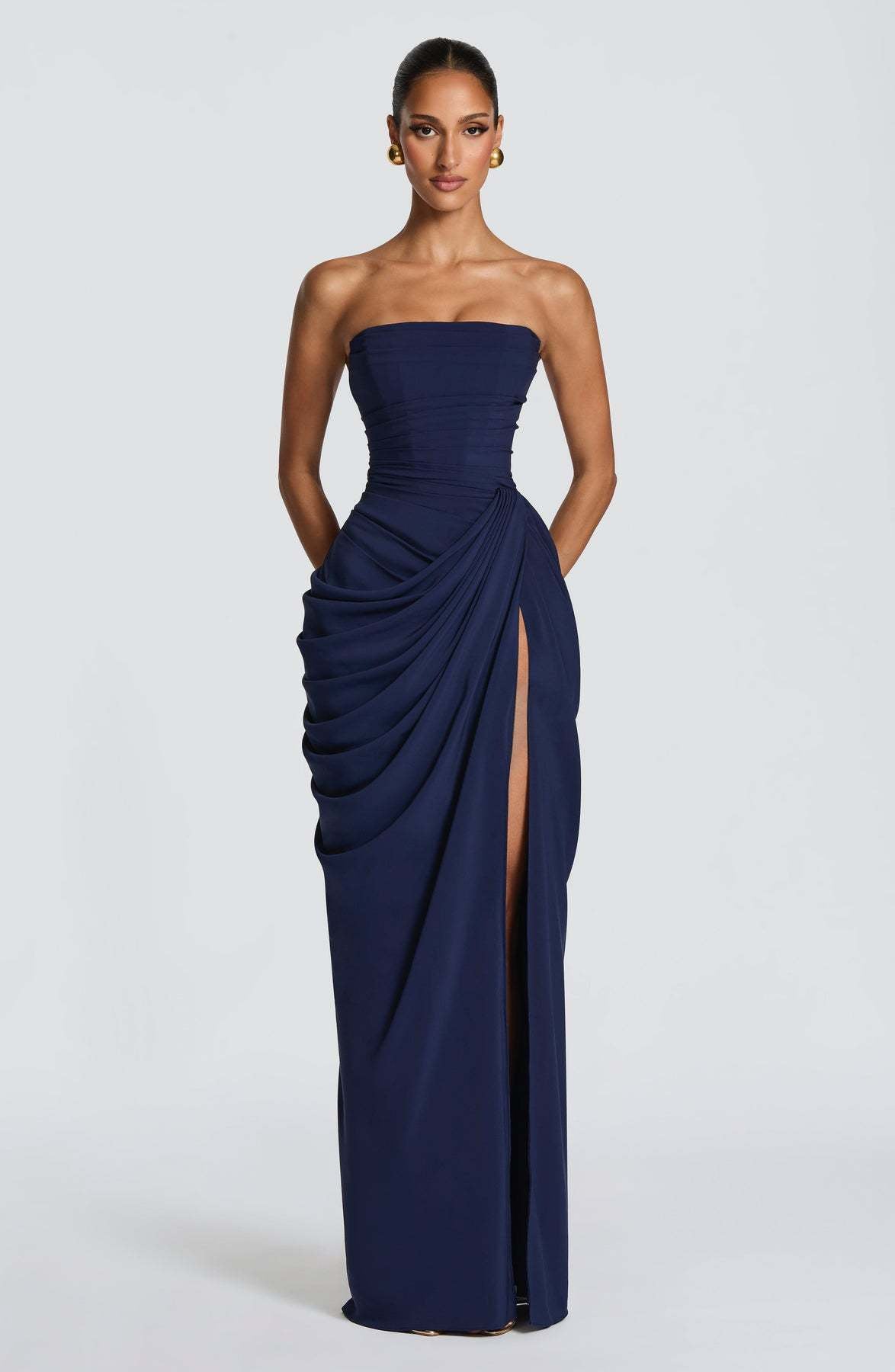 Damen Abendkleid Langarm Asymmetrisch Schlitz Eveloria