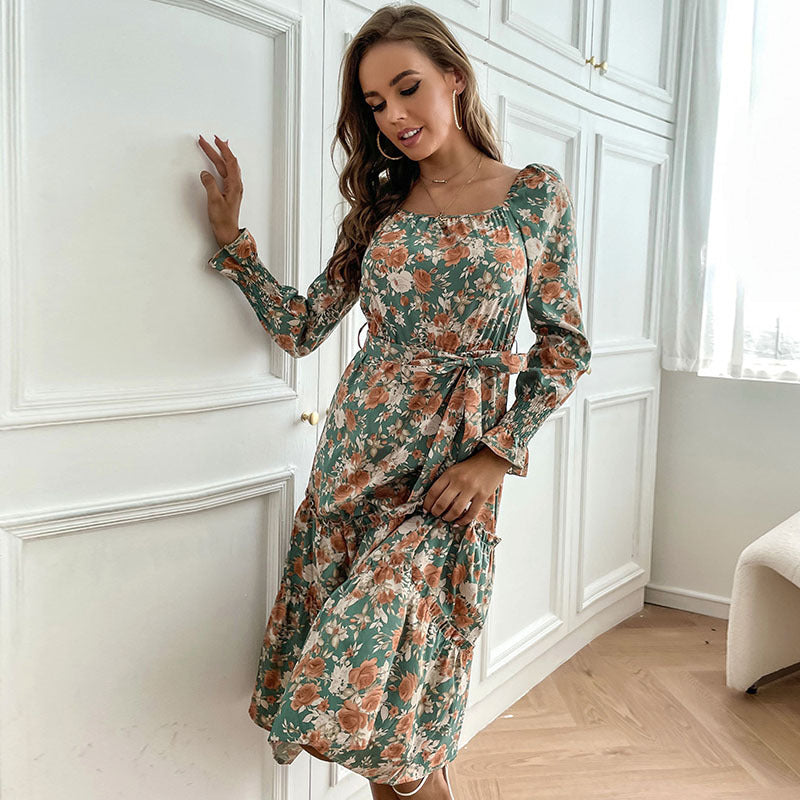 Damen Maxikleid Florale Rüschendetails Elegantes Bindeband