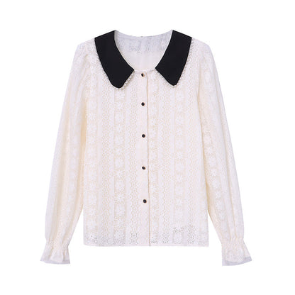 Damen Bluse Spitzenkragen Dekorativ Weiß
