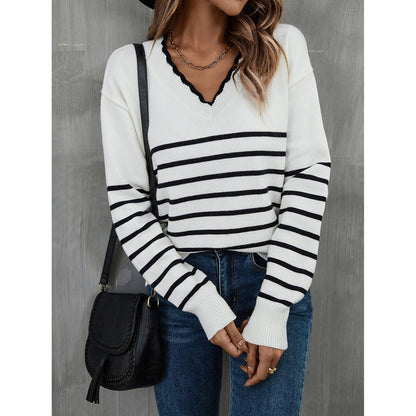 Damen V-Pullover Streifenmuster Eveloria