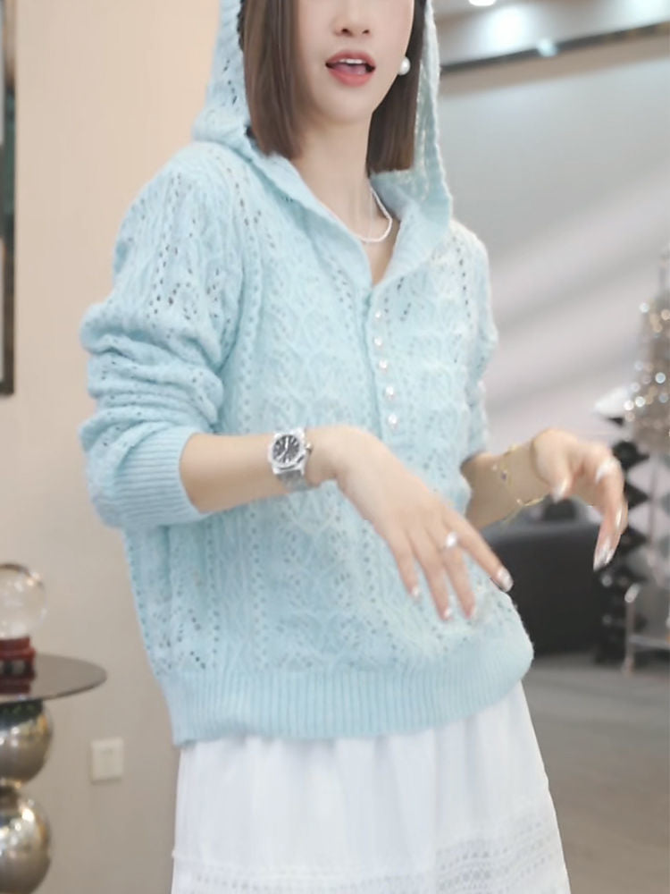Damen Strickpullover Kapuze Edelknöpfe Eveloria