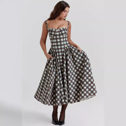 Damen Midikleid Kariert Tiefes Dekolleté Eveloria