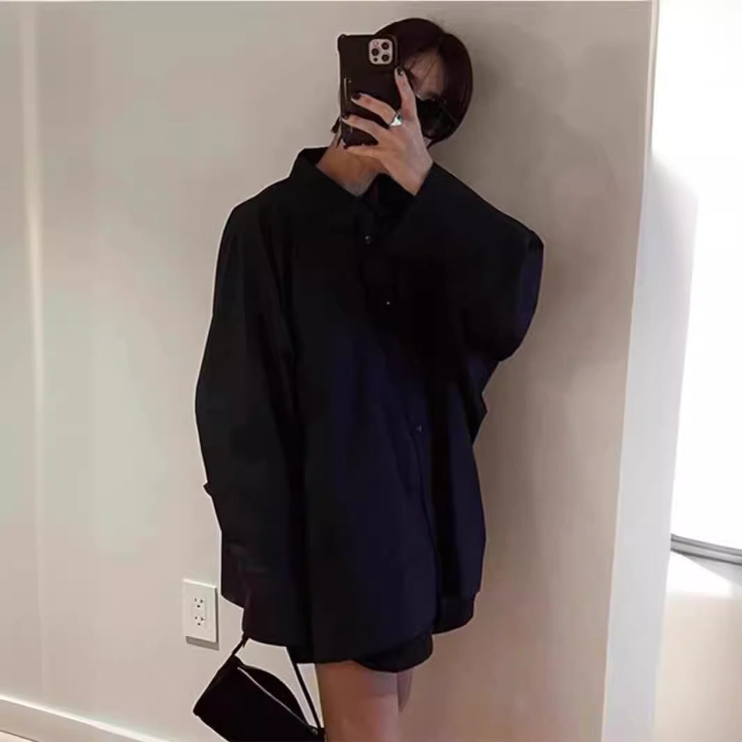 Damen Oversized Hemdbluse Klassischer Kragen Seiten-Tasche Eveloria