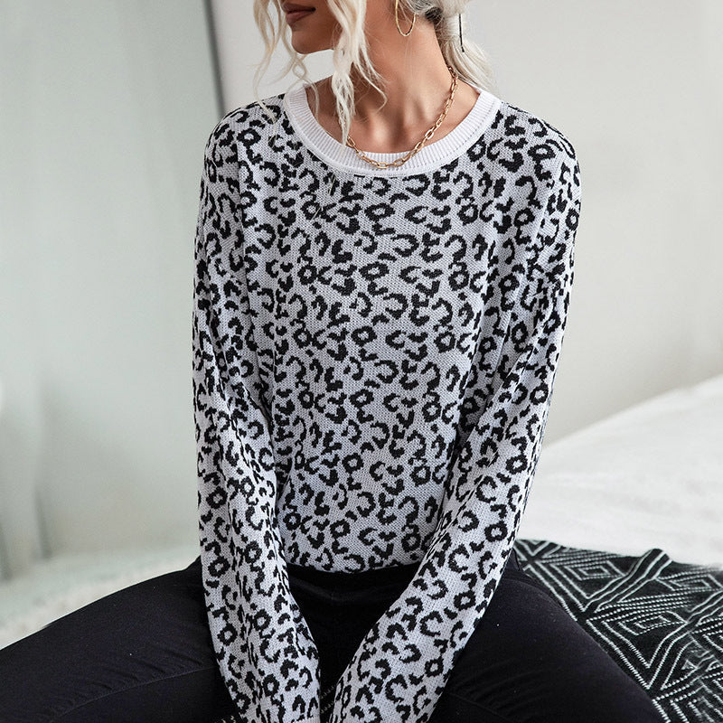 Damen Pullover Leopardenmuster Breite Bündchen Eveloria