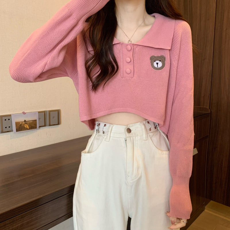 Damen Pullover Cropped Knopfverschluss Einhorn-Emblem