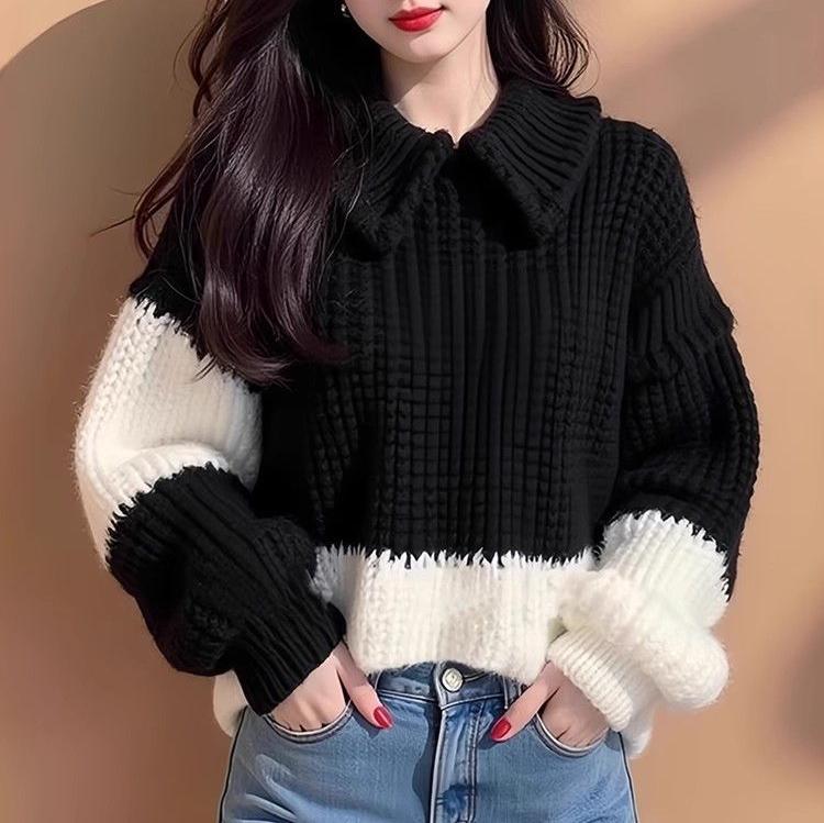Damen Strickpullover mit Kragen Schick Schwarz - Eveloria