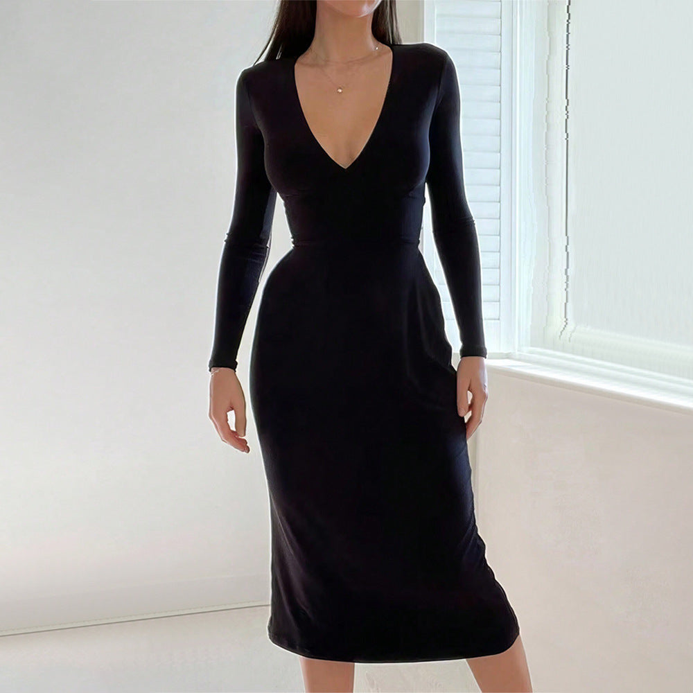 Eveloria Damen Midi-Kleid V-Ausschnitt Langer Arm Elegant