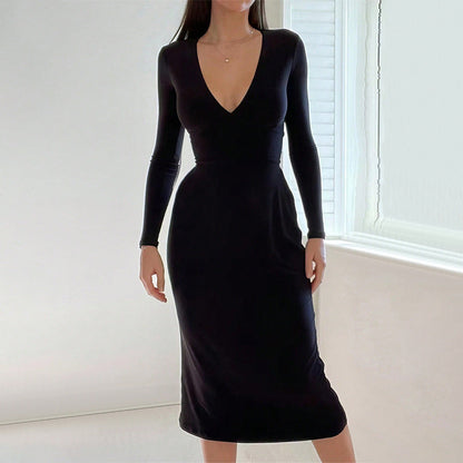 Eveloria Damen Midi-Kleid V-Ausschnitt Langer Arm Elegant