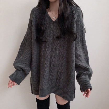 Damen Strickpullover V-Ausschnitt Großes Zopfmuster