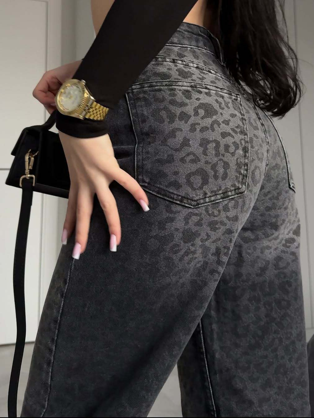 Damen Hochtaillierte Leopardenjeans Weites Bein
