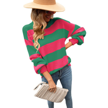 Damen Pullover Streifenmuster Weit Ärmel Beige