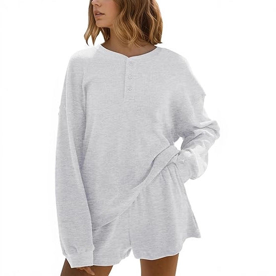 Damen Langarm-Pullover Lässig Knopfdetails Grau Eveloria