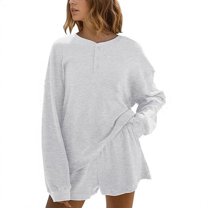 Damen Langarm-Pullover Lässig Knopfdetails Grau Eveloria