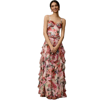 Damen Maxikleid Trägerlos Floralmuster Rüschen