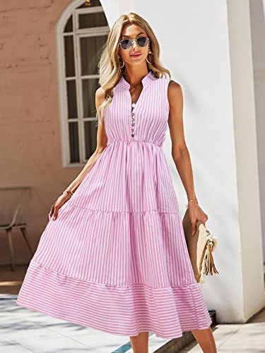 Damen Midikleid Gestreift Knopfleiste Eveloria