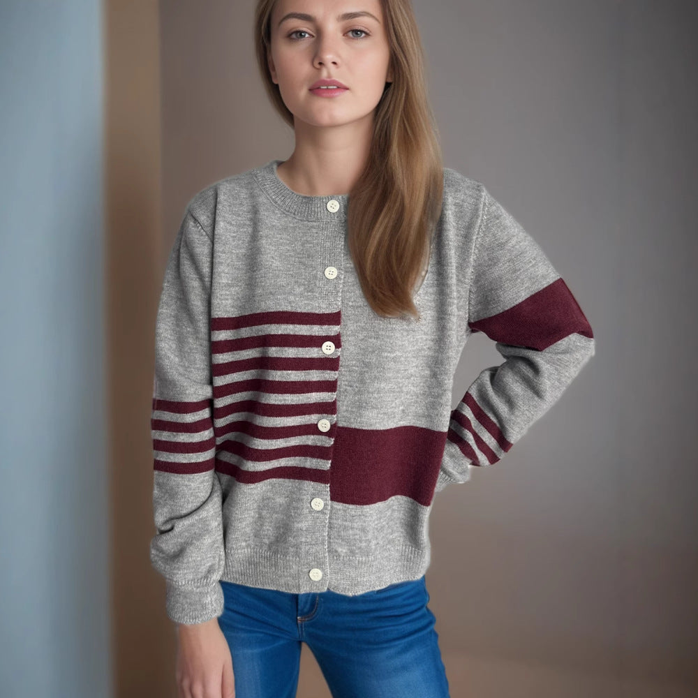 Damen Strickjacke Kontraststreifen Elegante Knöpfe Beige
