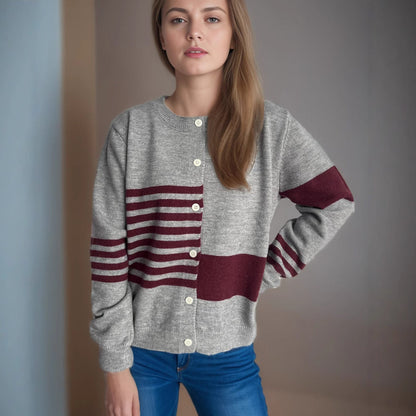 Damen Strickjacke Kontraststreifen Elegante Knöpfe Beige