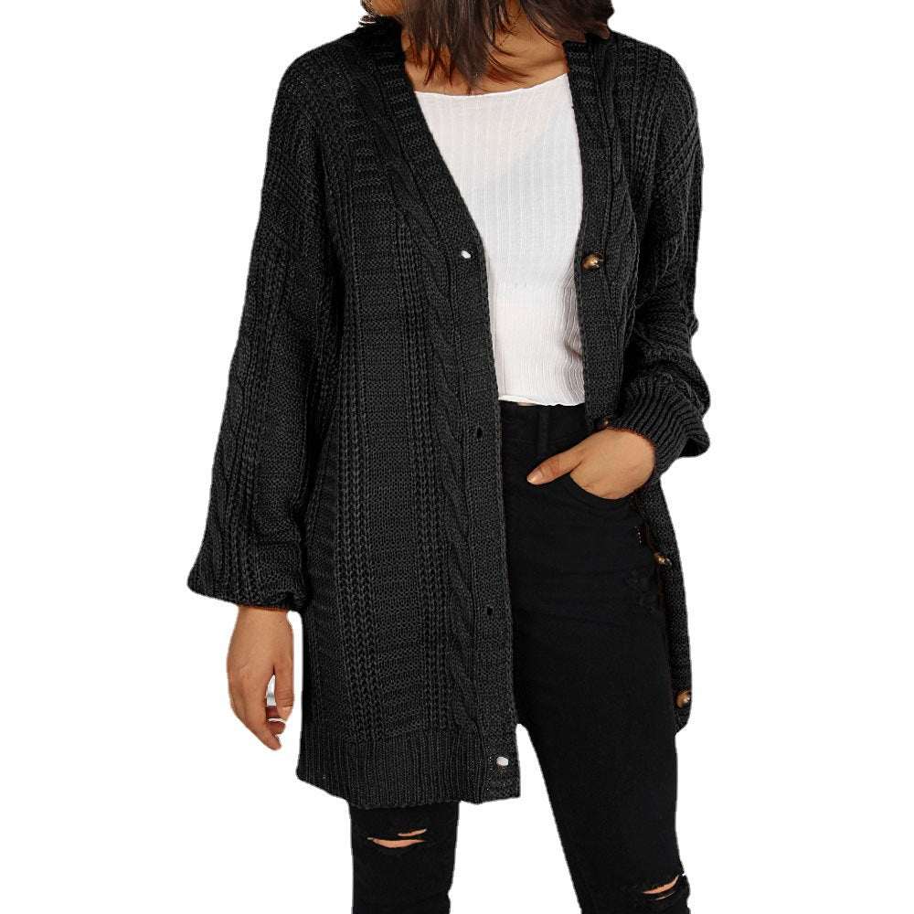 Damen Grobstrick-Cardigan Weite Ärmel Elegante Knöpfe Beige