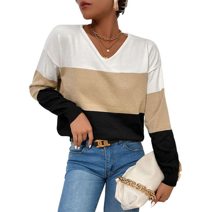 Damen Pullover V-Ausschnitt Farbblock-Design Eveloria