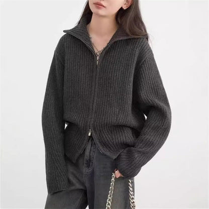 Damen Strickjacke Sportlich Reißverschluss Rippstruktur Eveloria