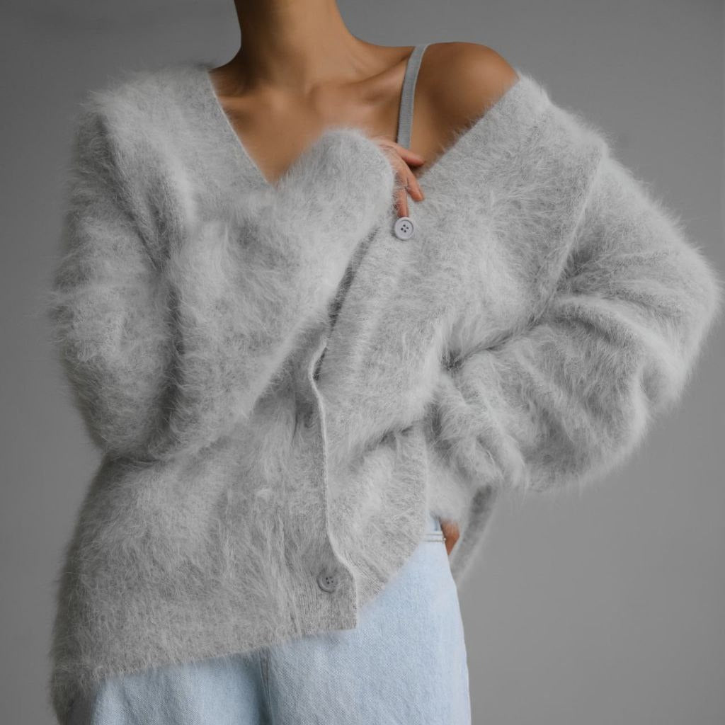 Damen Strickjacke Voluminöse Ärmel Elegante Knöpfe Beige