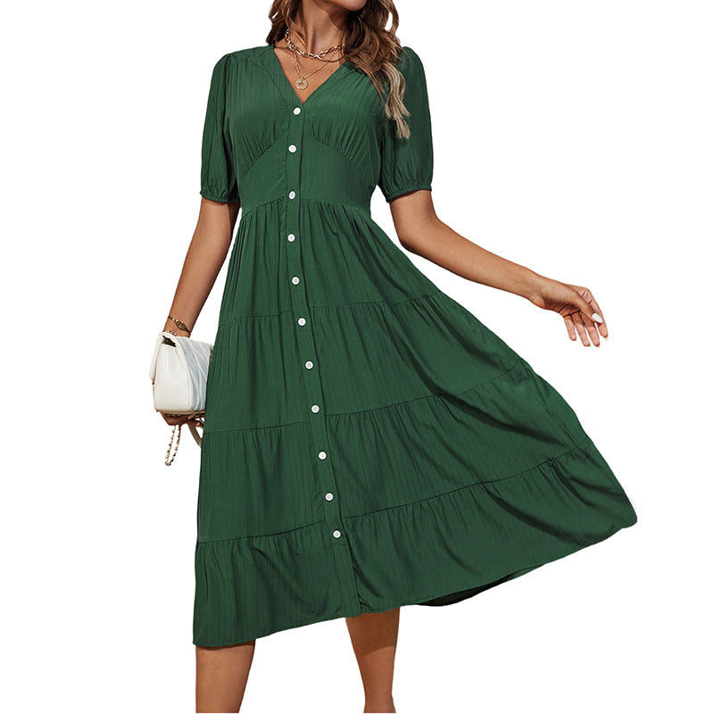 Damen Midikleid Knopfverschluss Voluminöser Rock Eveloria