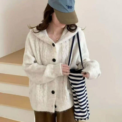 Damen Strickjacke Kapuzenpullover mit Knöpfen Beige - Eveloria