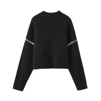 Damen Strickpullover Hochärmelig Kontraststich