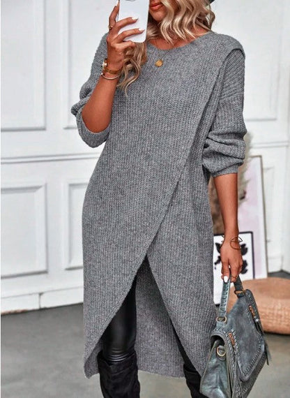 Damen Strickkleid Asymmetrisch Oversized Grau - Eveloria