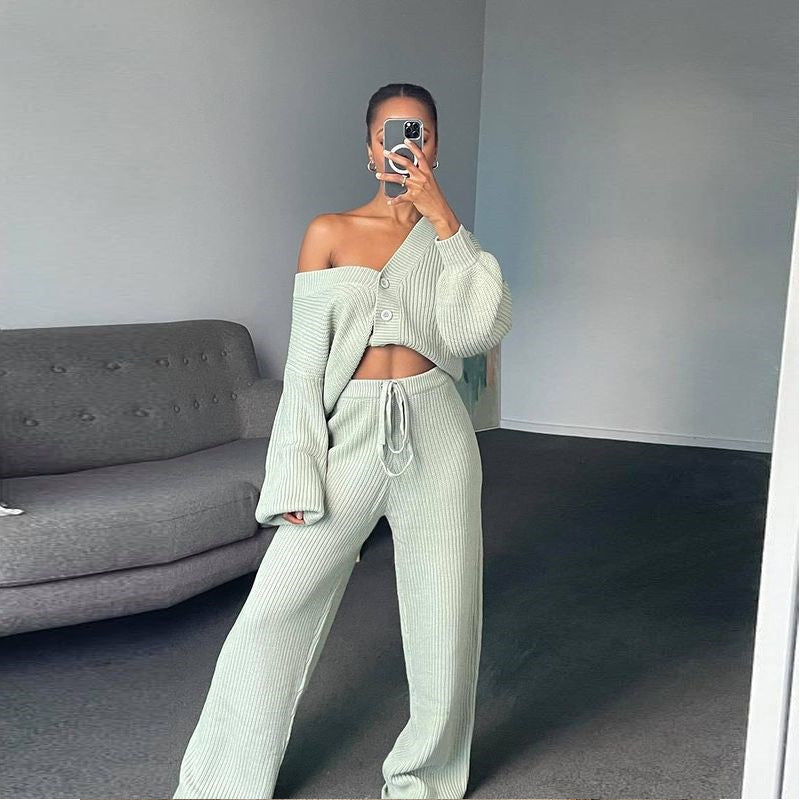 Damen Strick-Loungewear-Set mit Knöpfen und Elastik Hose