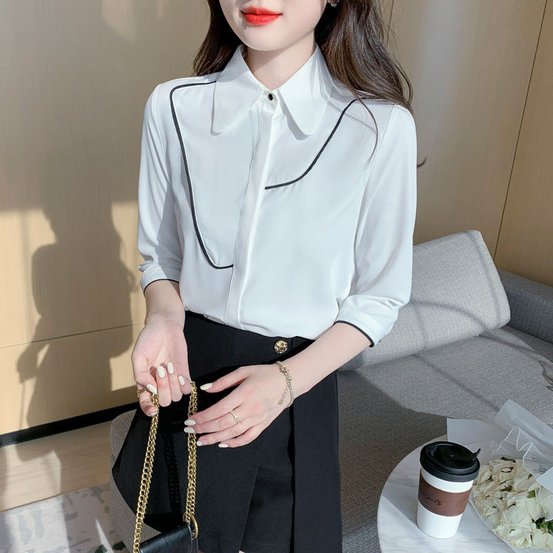 Damen Bluse Klassischer Kragen Kontrastpaspelierung Eveloria