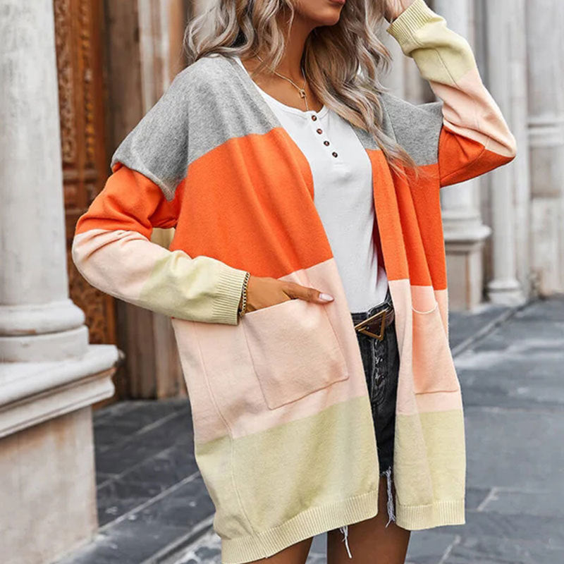 Damen Cardigan Farbblock-Design Taschen Eveloria