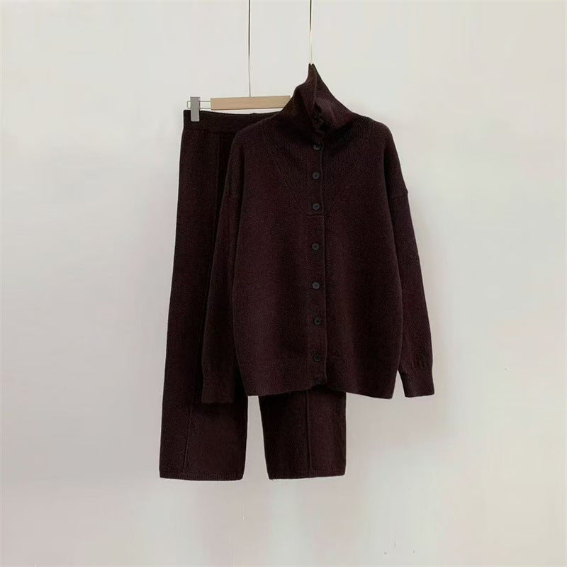 Damen Strickensemble Hochkragen Knöpfe Eveloria