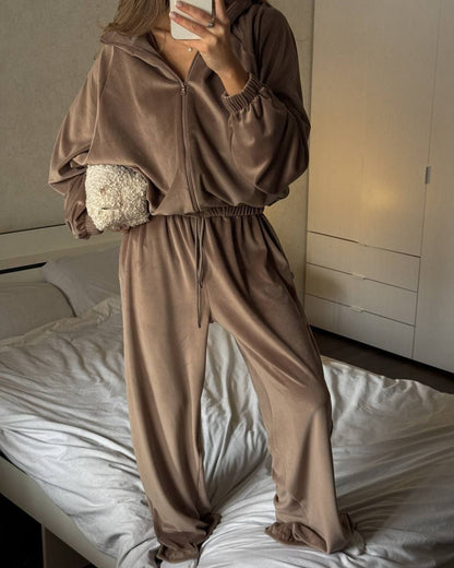 Damen Velours Jogginganzug Reißverschluss Gummizug Eveloria