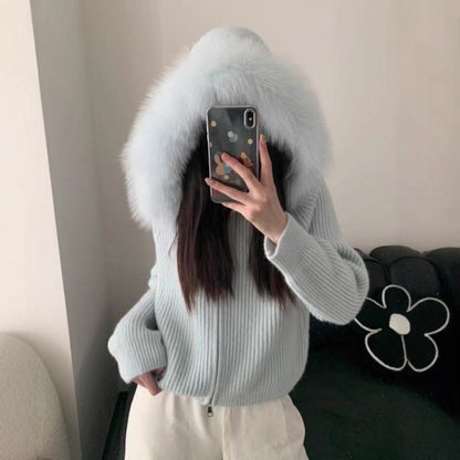 Damen Rippenstrickjacke Soft mit Pelzkragen Schwarz Eveloria - Eveloria