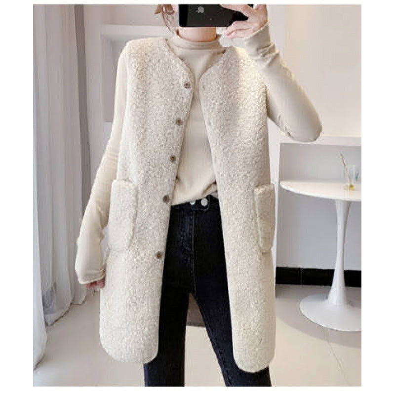 Damen Weste Kuschelig Druckknöpfe Seitentaschen Beige
