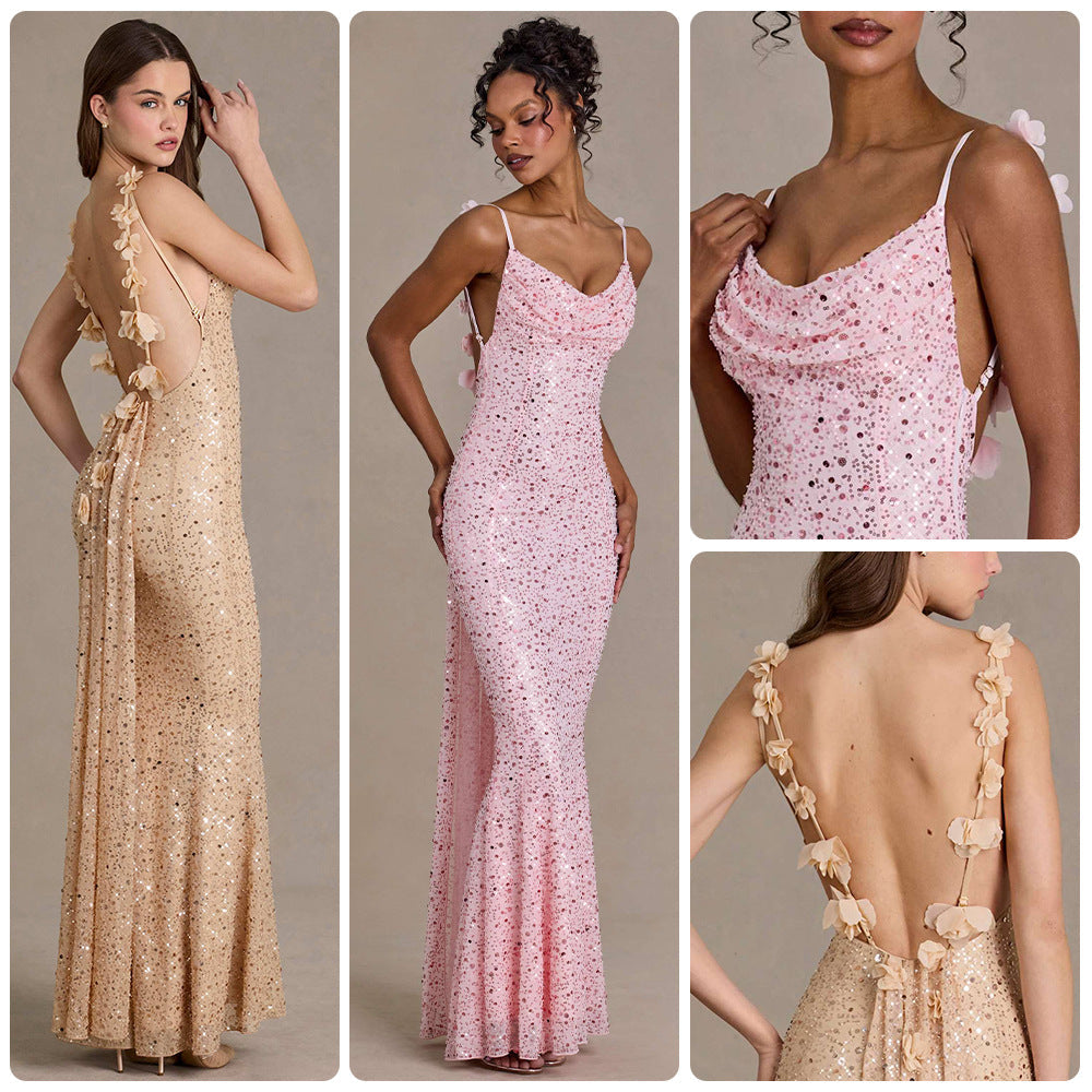 Damen Maxi-Kleid Pailletten Wasserfallausschnitt Figurbetonter - Eveloria