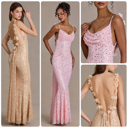 Damen Maxi-Kleid Pailletten Wasserfallausschnitt Figurbetonter - Eveloria