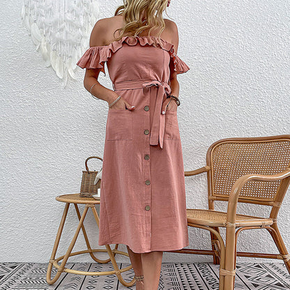 Damen Off-Shoulder Midi-Kleid Rüschendetails Bindegürtel Eveloria