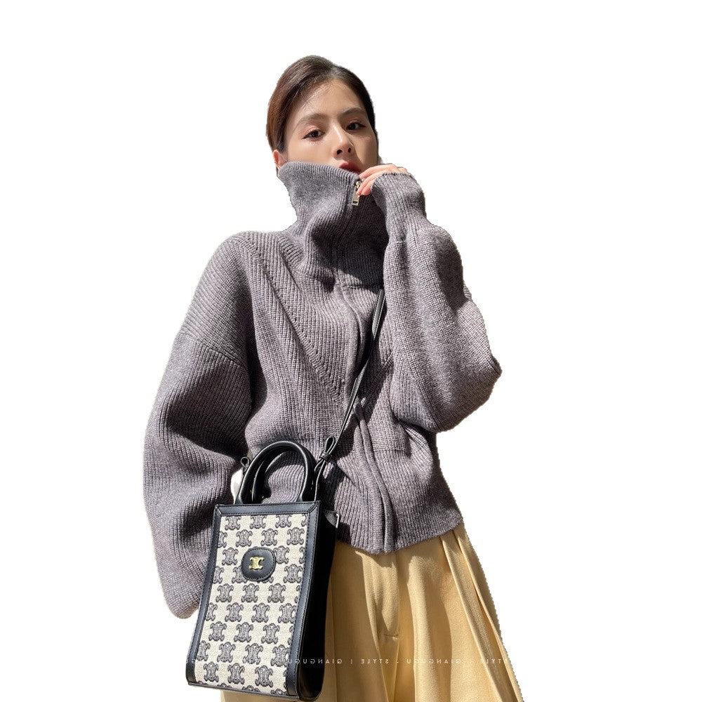 Damen Grobstrick Pullover Übergroß Hohler Kragen Beige