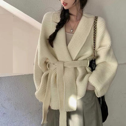 Damen Strickjacke Breiter Schalkragen Taillenbindung Eveloria