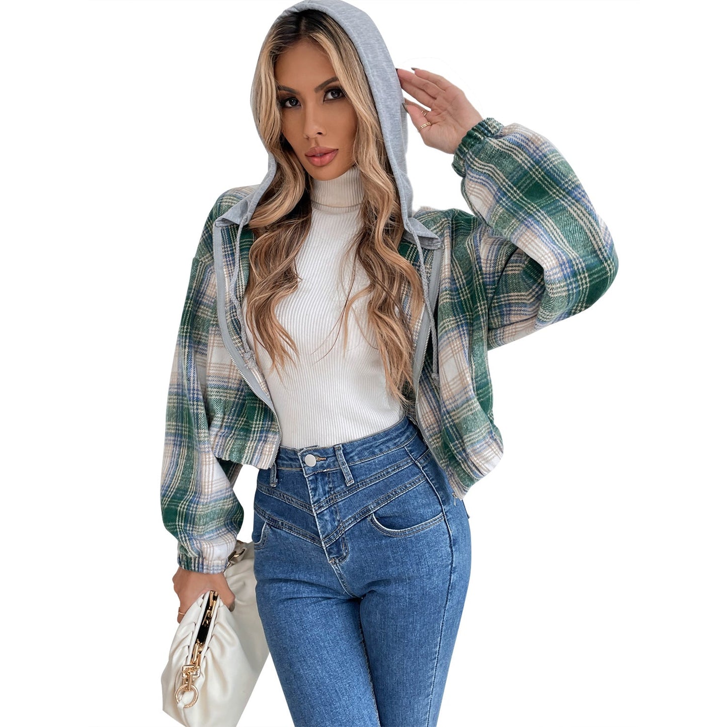 Damen Cropped Flanelljacke Kapuze Karomuster Eveloria