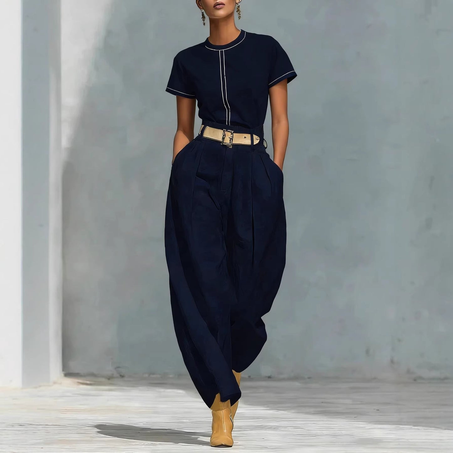 Damen Bundfaltenhose Locker Passform Verstellbarer Gürtel