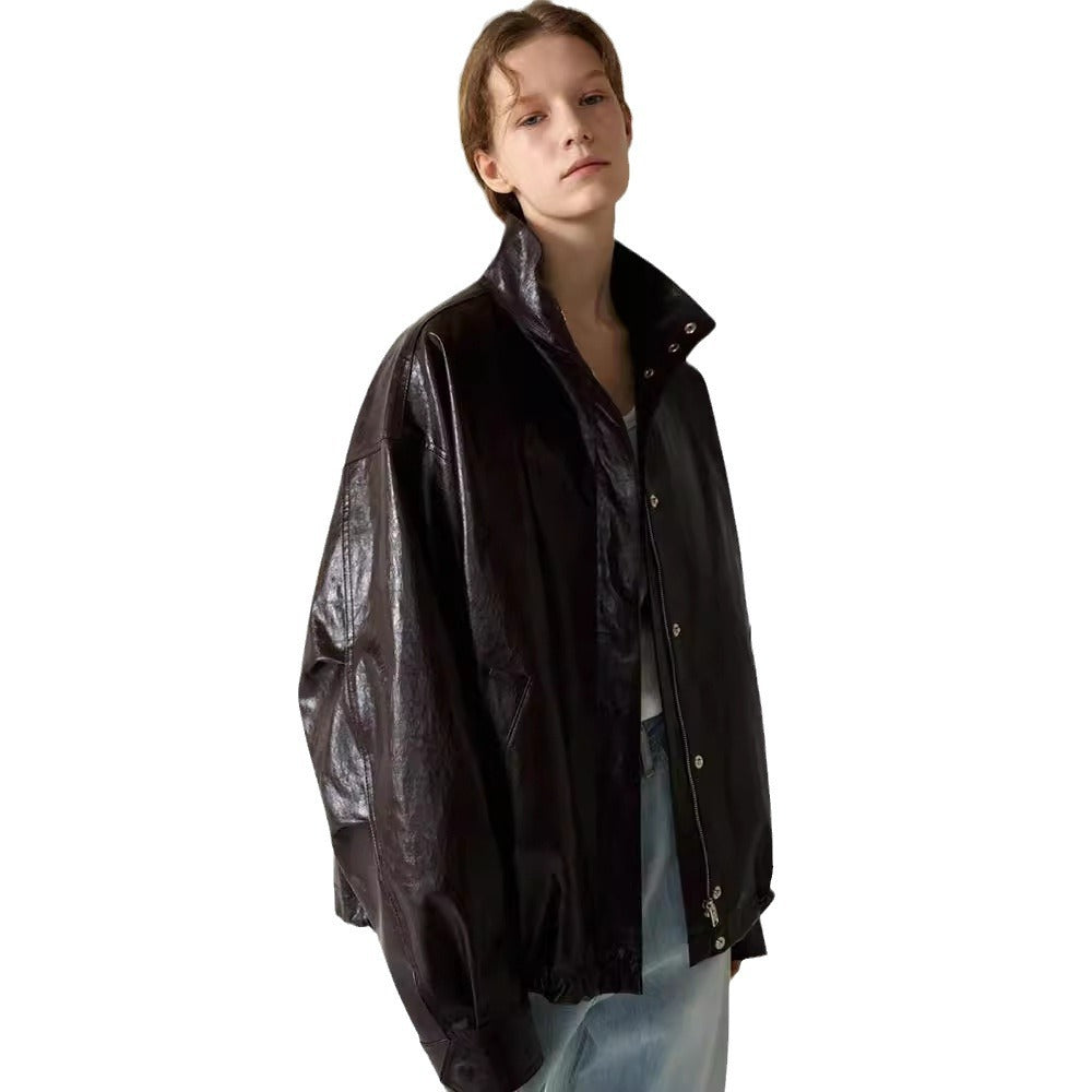 Damen Lederjacke Oversized mit Kragen und Knopfverschluss