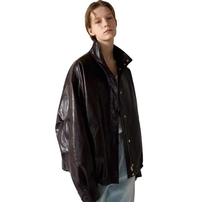Damen Lederjacke Oversized mit Kragen und Knopfverschluss