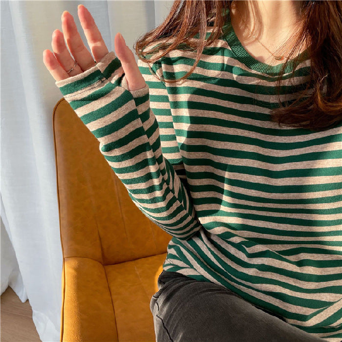 Damen Longsleeve-Shirt Streifenmuster Daumenlöcher Eveloria