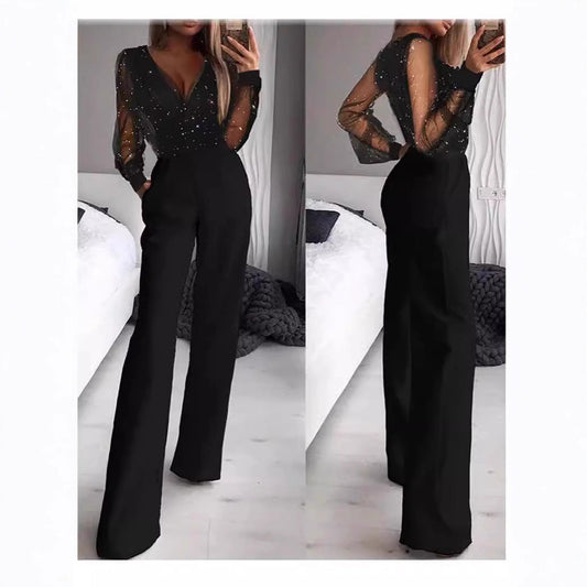 Damen Jumpsuit Transparente Bluse Schimmernde Akzente Eveloria - Eveloria