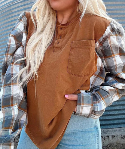 Damen Langarmshirt Karierte Ärmel Eveloria